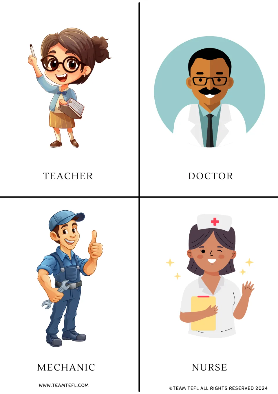 Four picture cards for job words: teacher, doctor, mechanic and nurse, each a cartoon worker with the word printed below