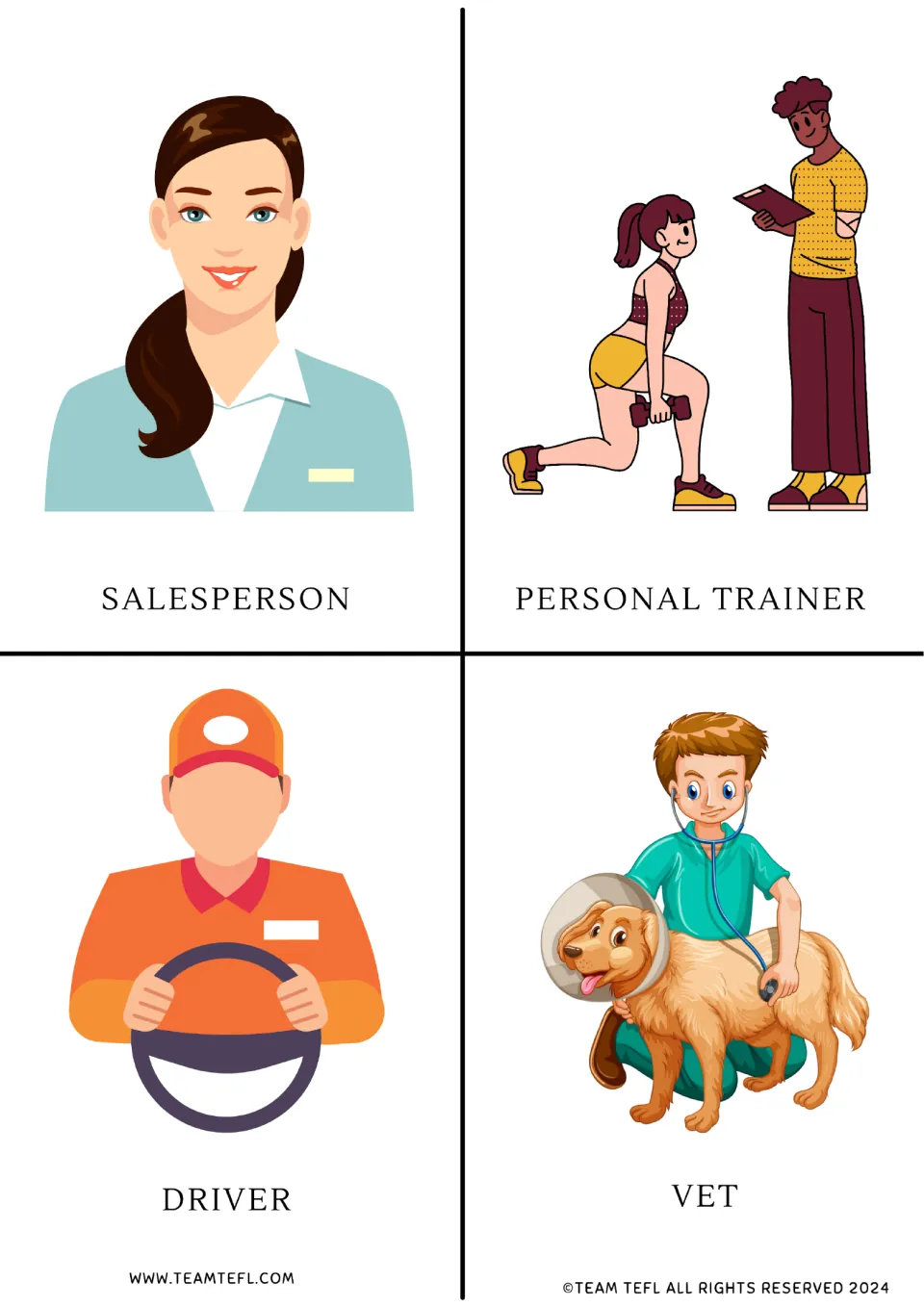 Four picture cards: salesperson, personal trainer, driver and vet, each an illustrated worker with its job label below