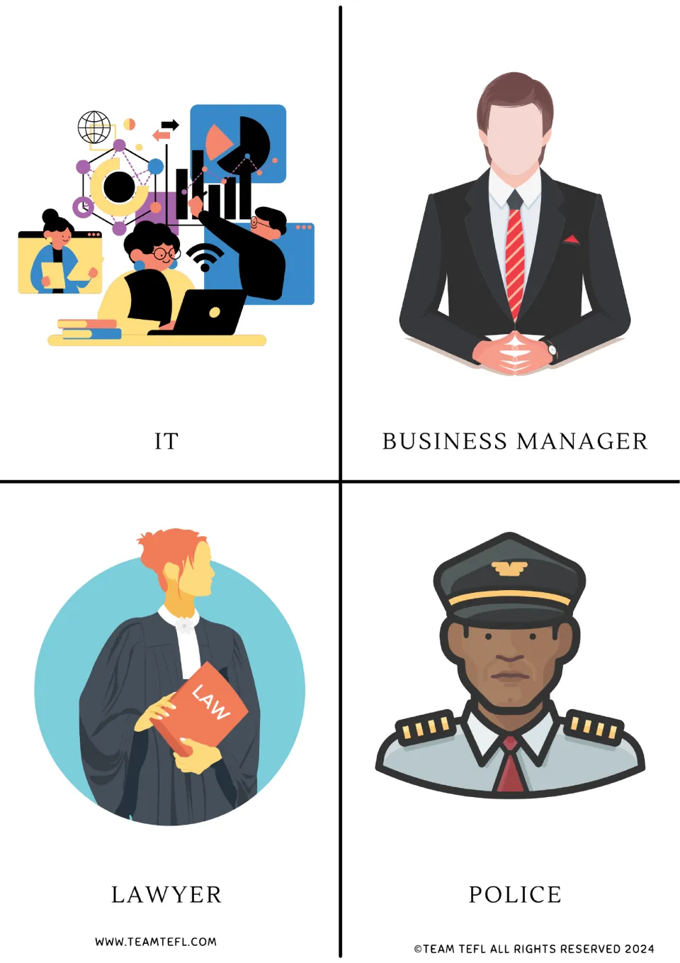 Four picture cards: IT, business manager, lawyer and police, shown as illustrated workers with printed labels