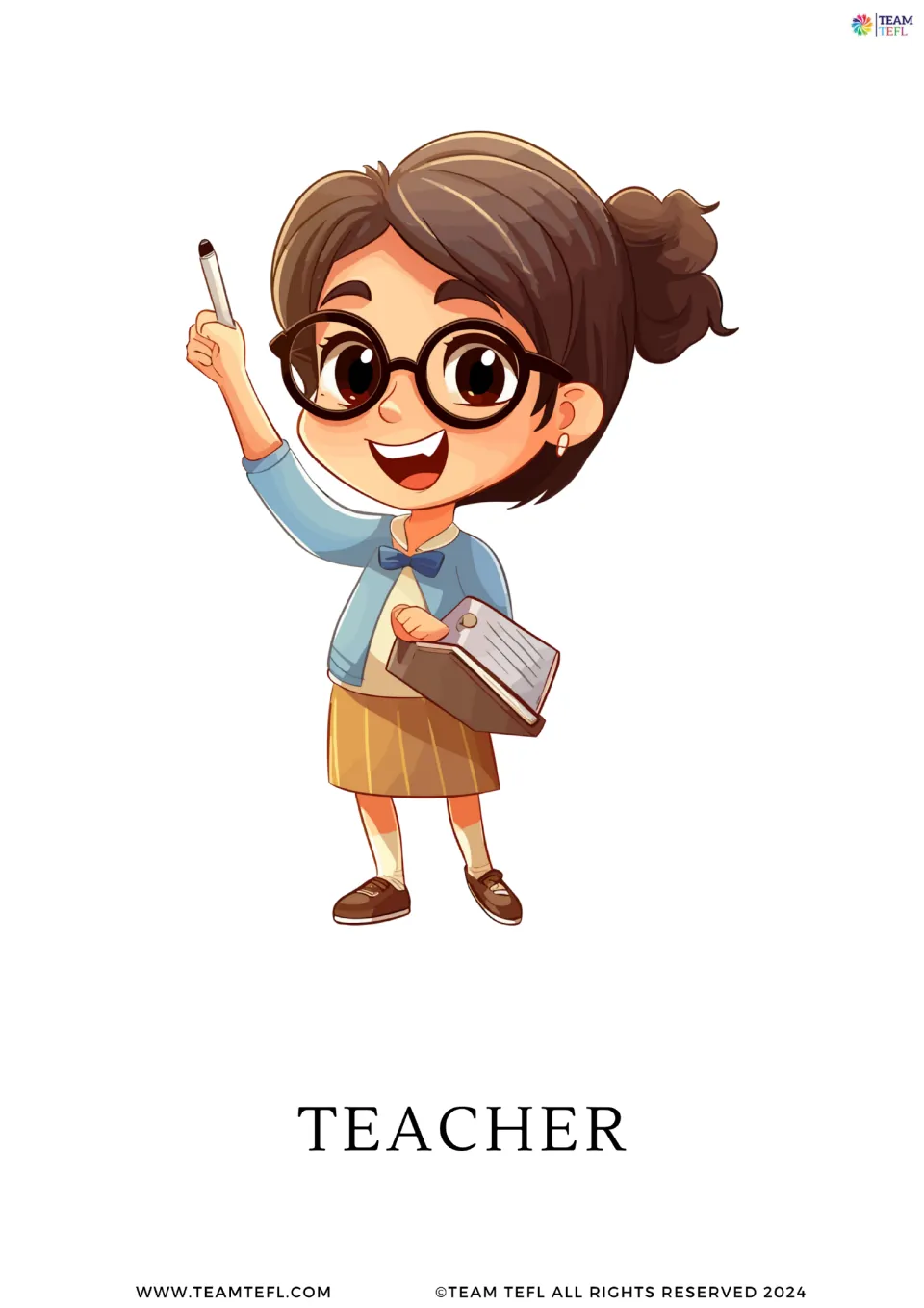 Job word flashcard: a cartoon woman in round glasses raising a pen and holding a book under her arm, labelled TEACHER