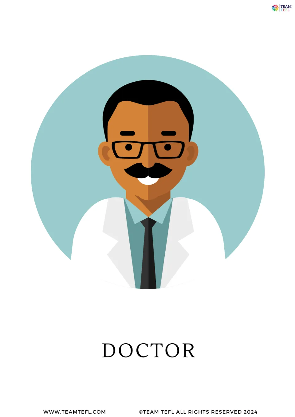 Job word flashcard: a smiling man with glasses and a mustache in a white coat and tie, labelled DOCTOR