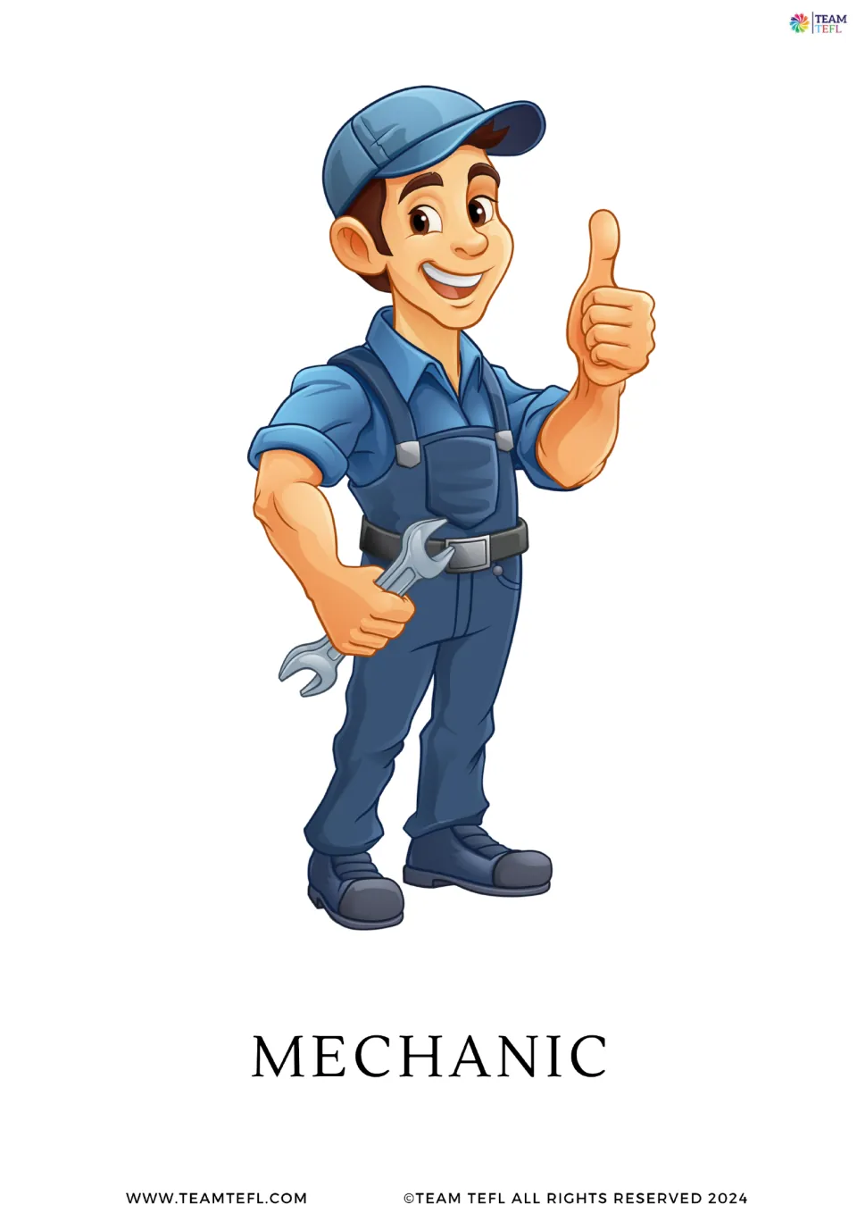 Job word flashcard: a worker in blue overalls and cap holding a wrench and giving a thumbs-up, labelled MECHANIC
