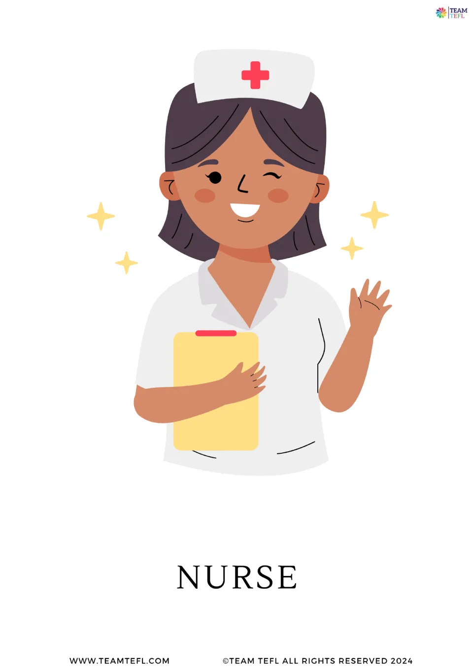 Job word flashcard: a waving woman in a white cap with a red cross, holding a clipboard, labelled NURSE