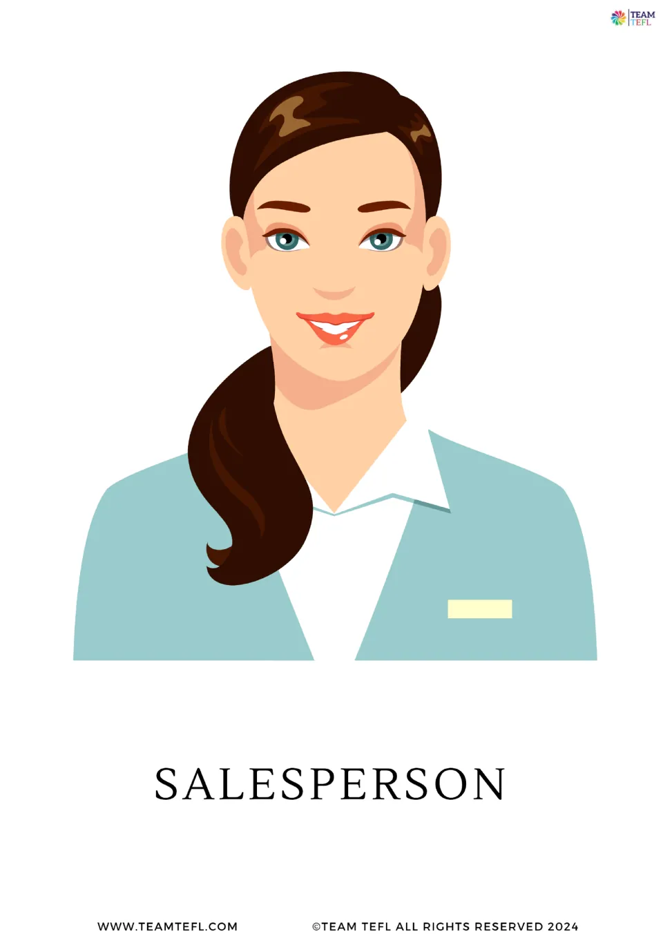 Job vocabulary card: a smiling woman in a light blue jacket wearing a name badge, labelled SALESPERSON