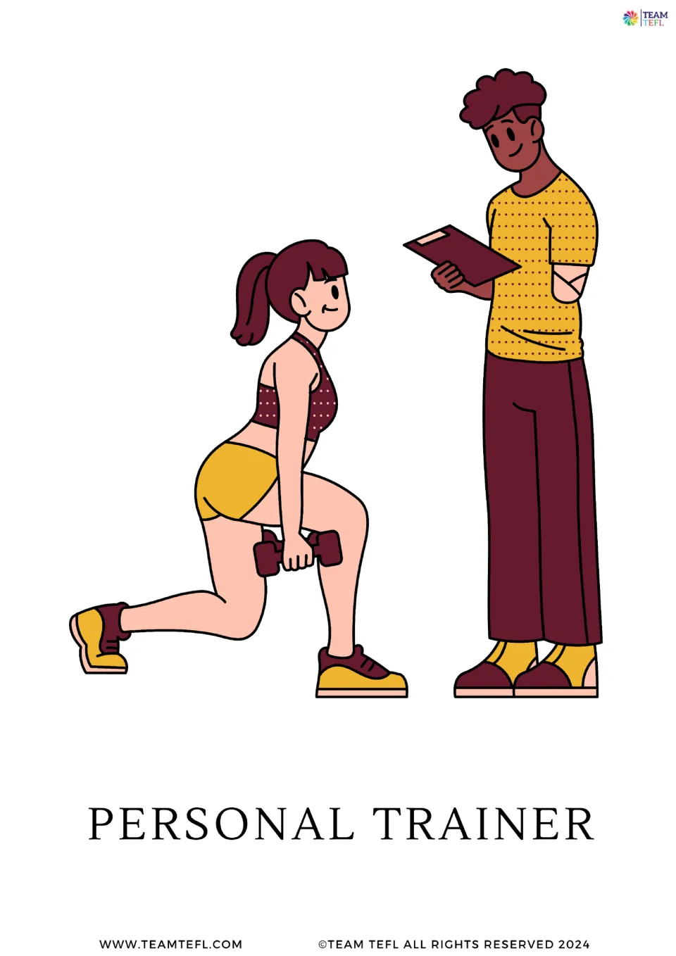 Job vocabulary card: a man with a clipboard watching a woman do lunges with dumbbells, labelled PERSONAL TRAINER
