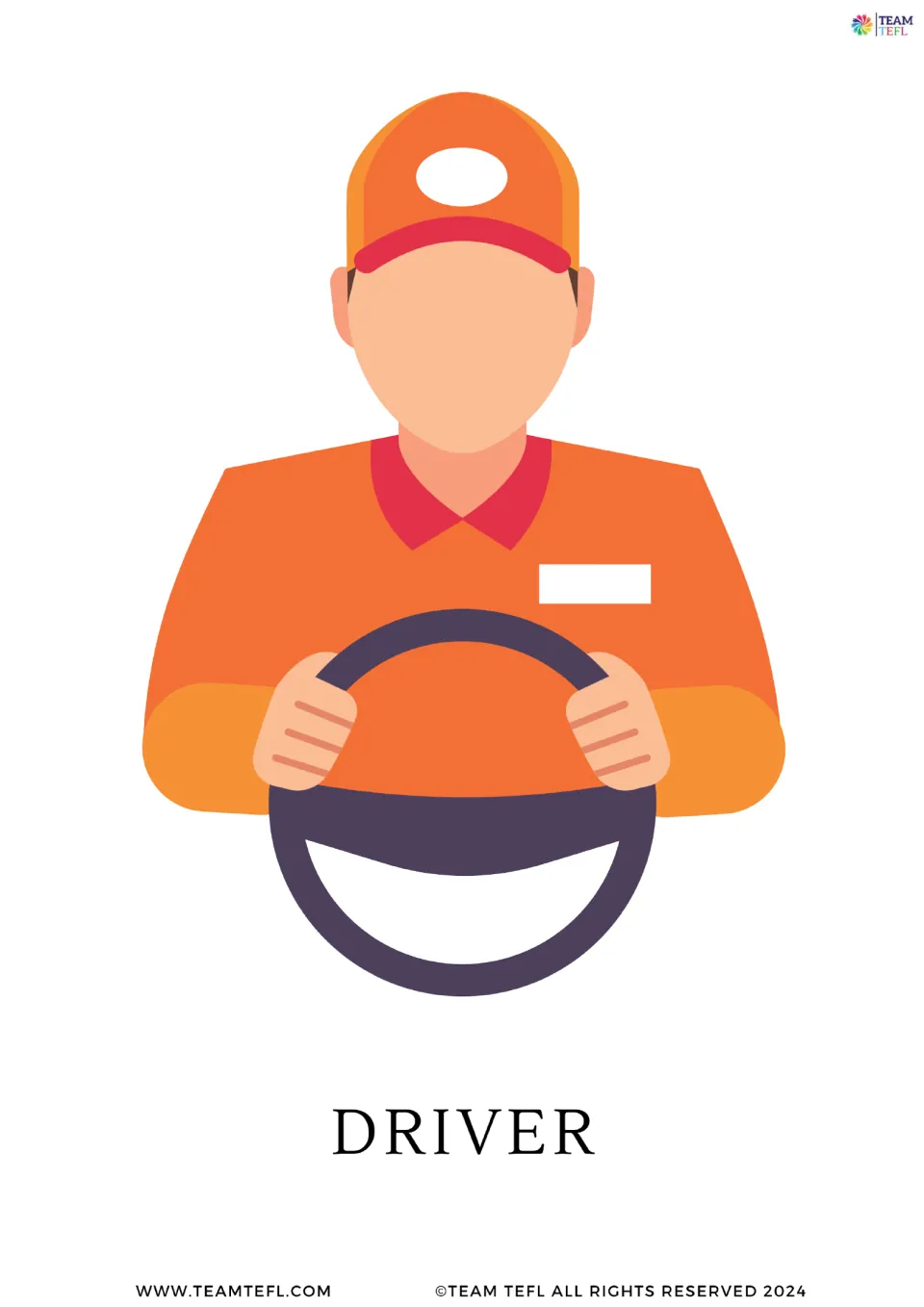 Job vocabulary card: a man in an orange uniform and cap gripping a steering wheel, labelled DRIVER