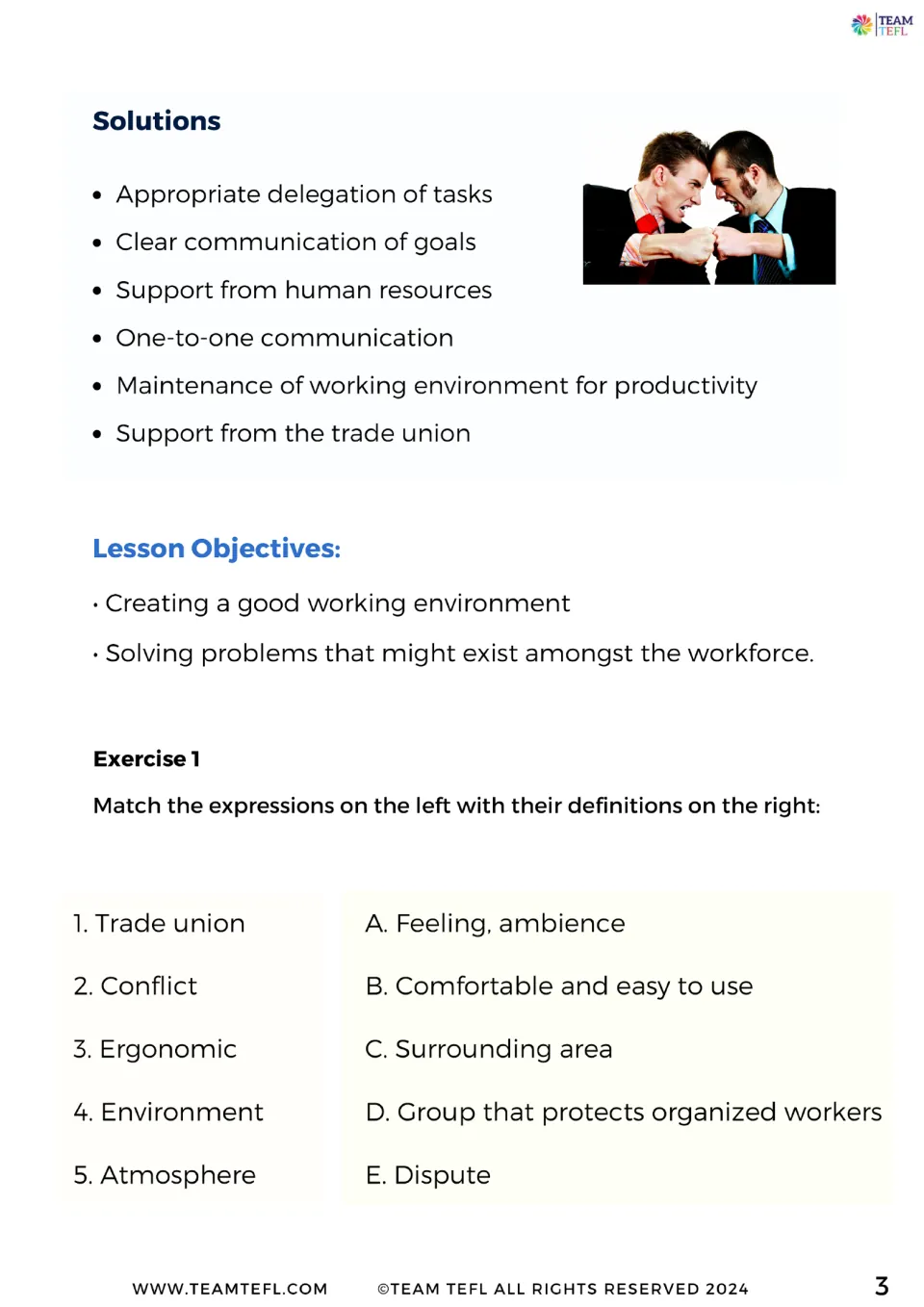 Warmer solutions and lesson objectives precede Exercise 1 matching five workplace terms to definitions