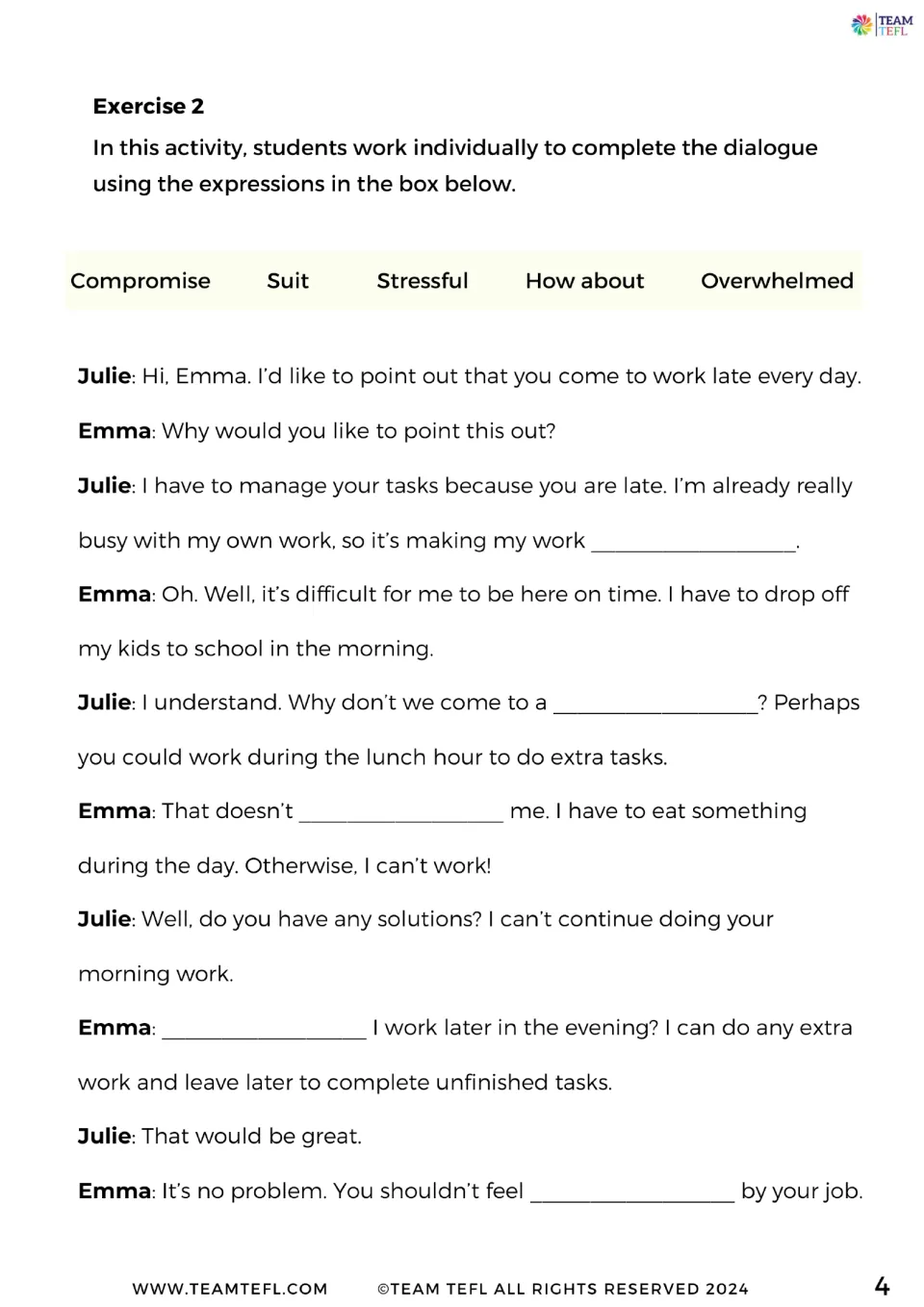 Exercise 2 asks students to complete Julie and Emma's dialogue about lateness using five expressions