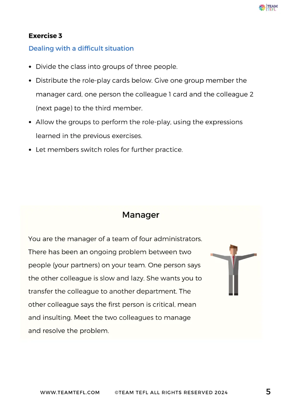 Exercise 3 introduces a three-person workplace role-play and the manager card for resolving a team dispute