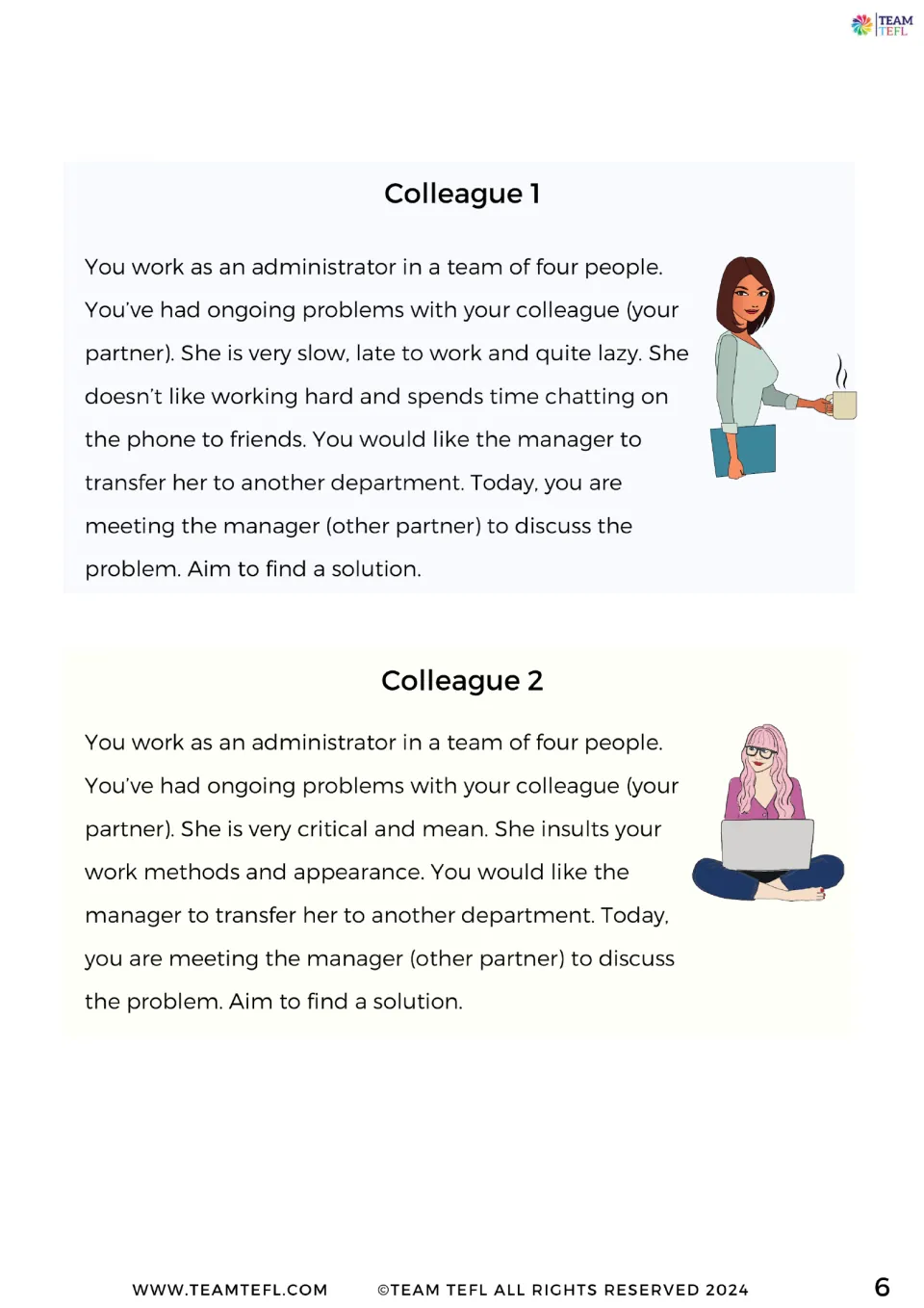 Two colleague role-play cards describe complaints about lateness, laziness, criticism, and personal insults