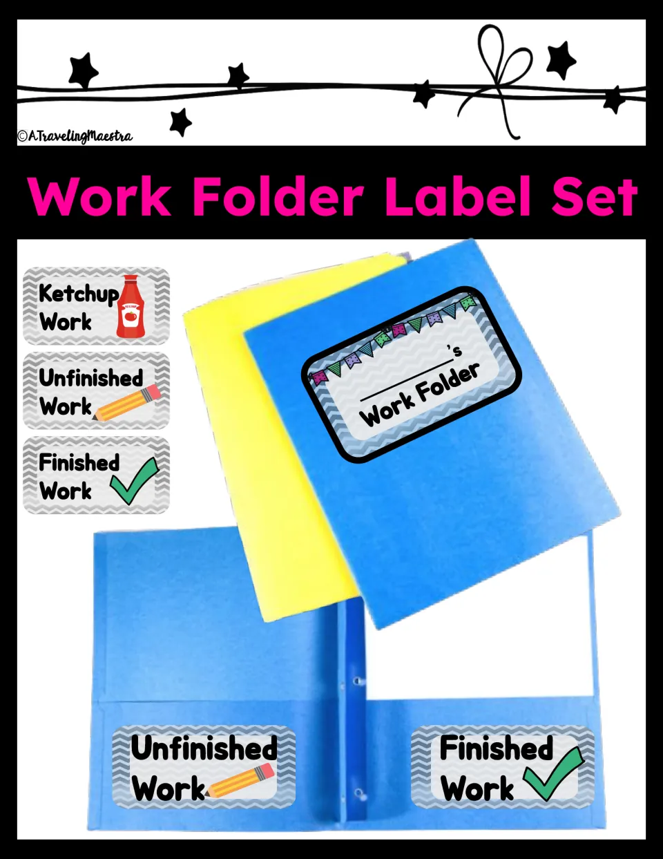 Work Folder Label Set cover: Ketchup, Unfinished and Finished pocket tags plus a name label shown on blue folders
