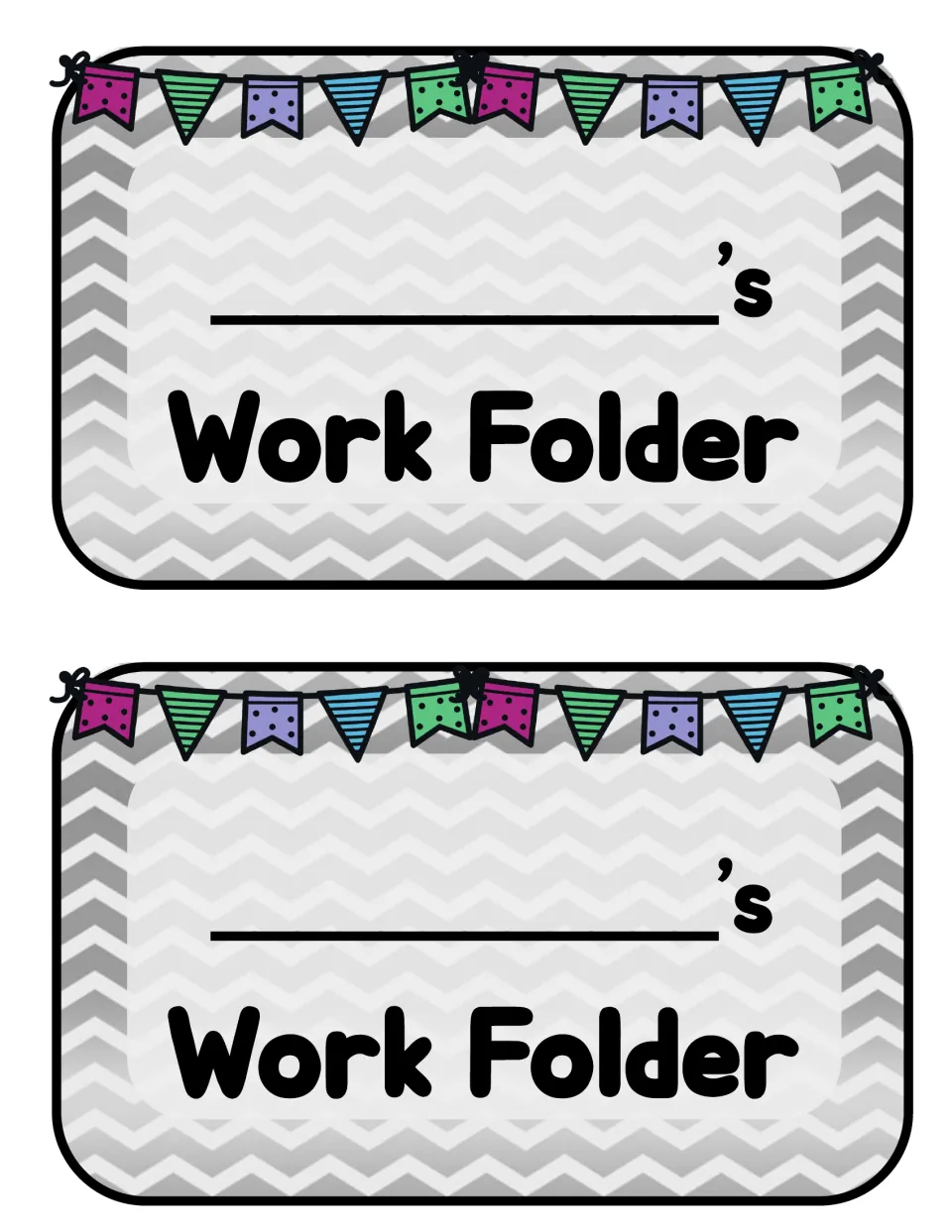 Front-cover name labels, two per sheet: a blank line and 's above Work Folder, topped by a colorful pennant banner