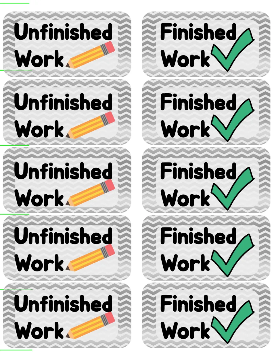 Pocket sort sheet: five Unfinished Work tags showing a pencil, paired with Finished ones bearing a green check mark