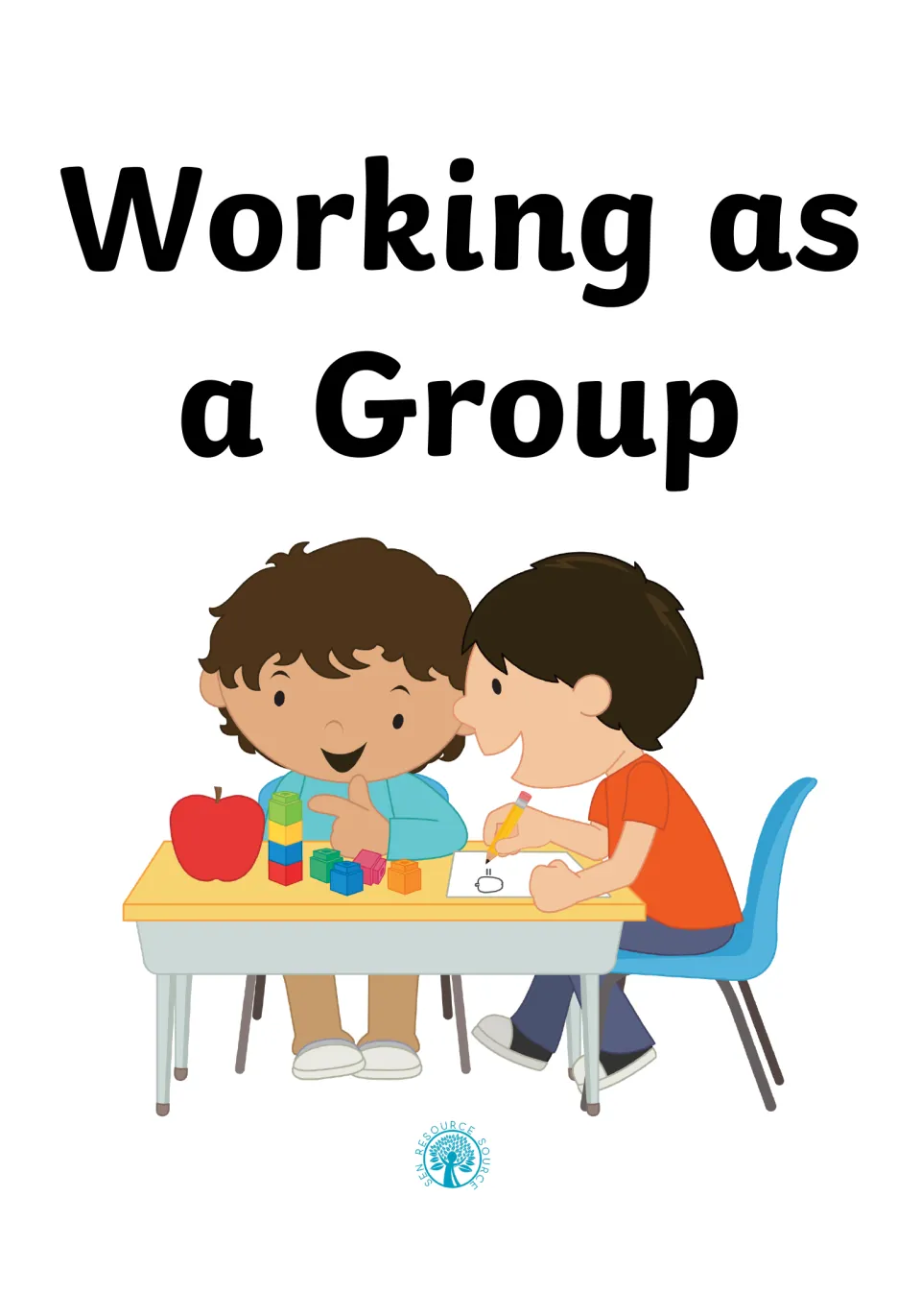 Social story cover titled 'Working as a Group,' showing two children working together at a classroom desk