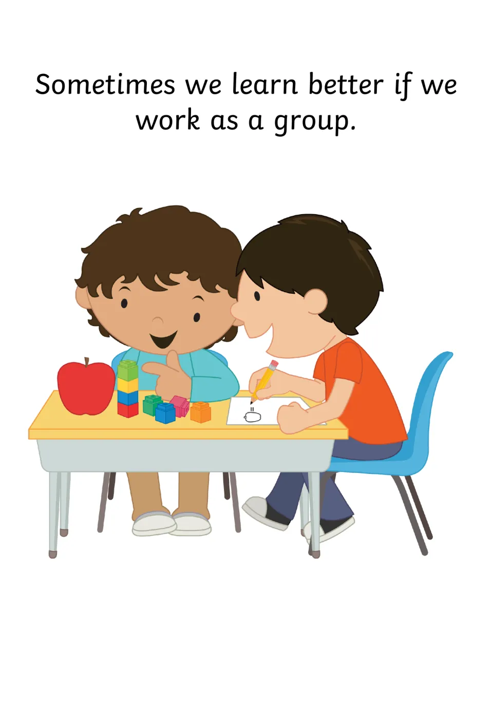 Social story page stating 'Sometimes we learn better if we work as a group,' with two children at a desk