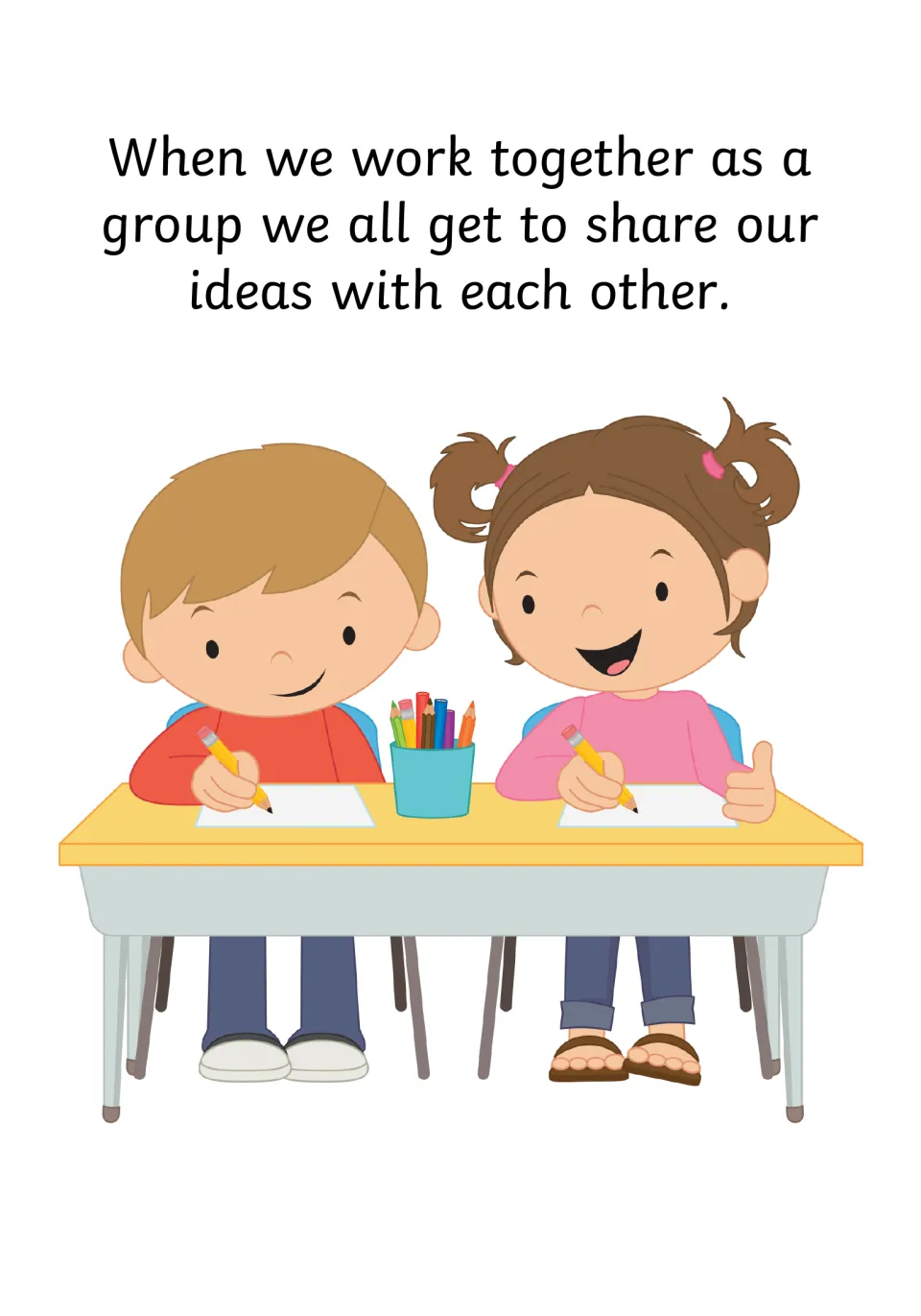 Social story page explaining that working together in a group lets everyone share ideas with each other