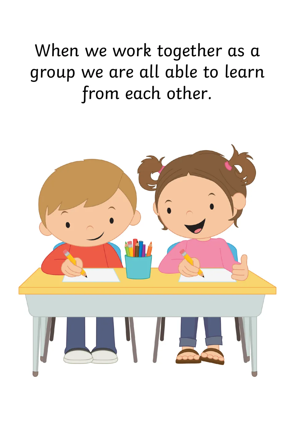 Social story page explaining that working together in a group allows everyone to learn from each other