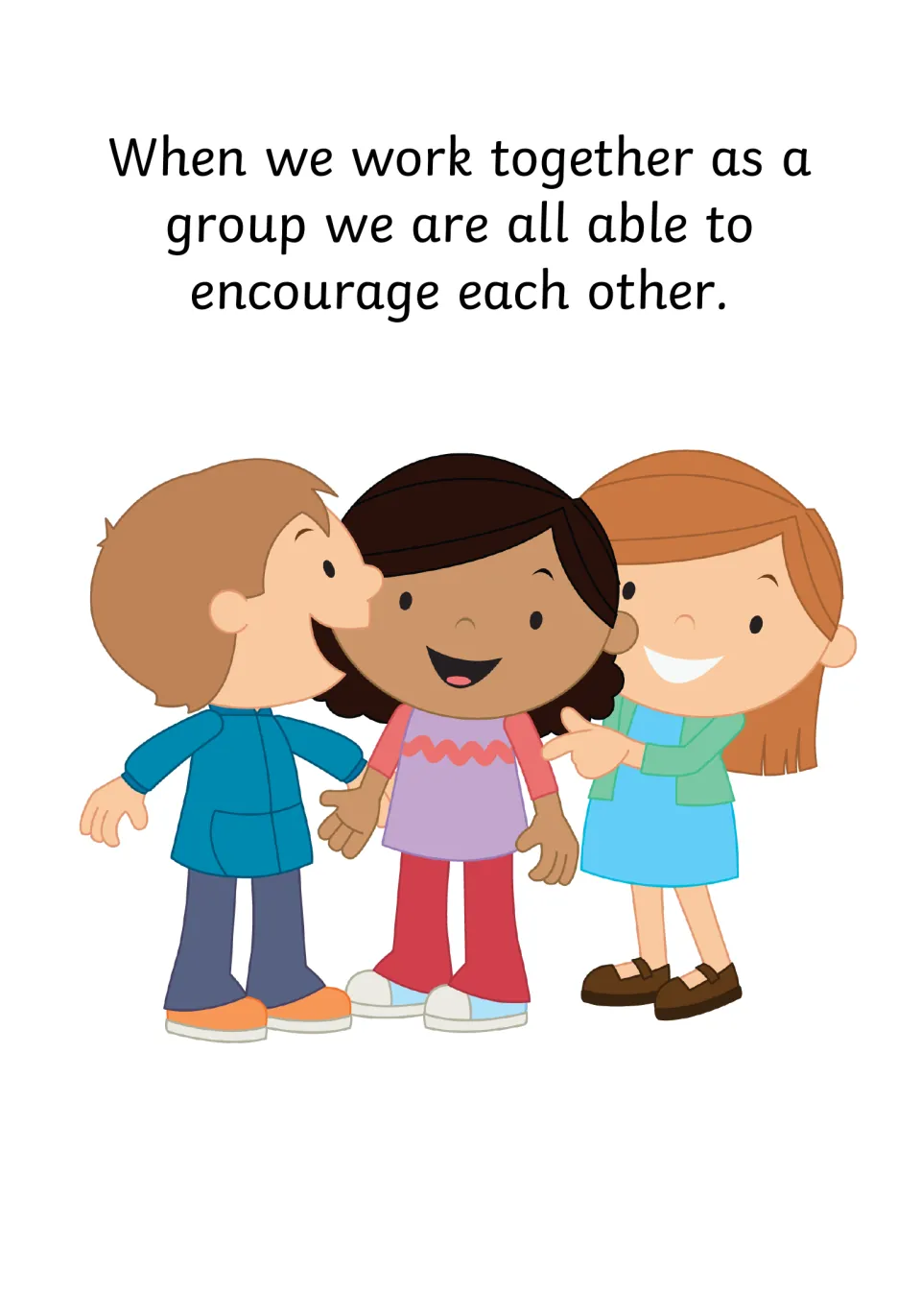 Social story page explaining that group members can encourage each other, illustrated by three children