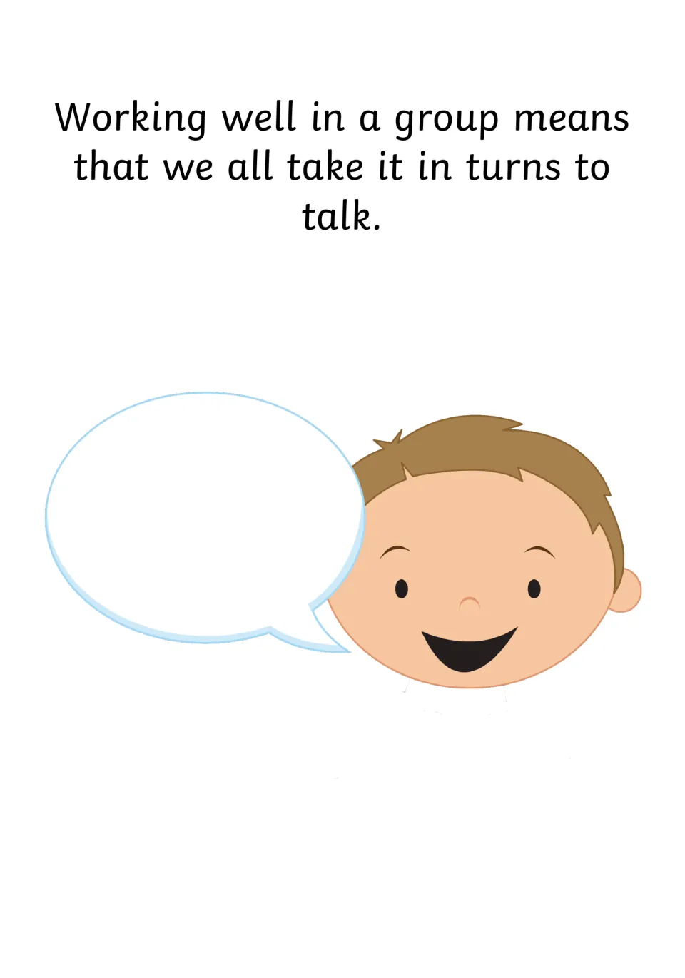 Social story page explaining that working well in a group means taking turns to talk, with a speech bubble