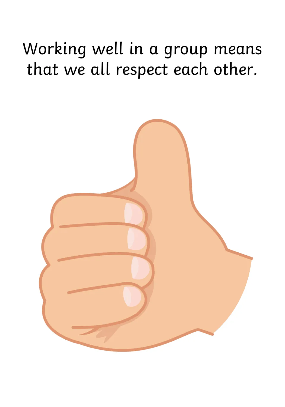 Social story page stating that working well in a group means respecting each other, with a thumbs-up