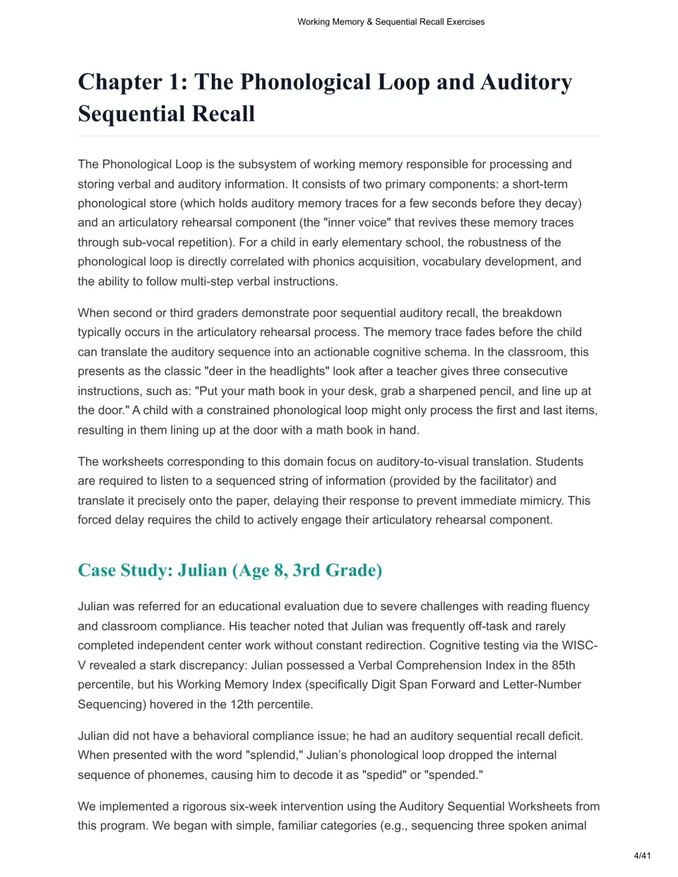 Chapter 1 explains the phonological loop and auditory sequential recall, then introduces Julian's case study