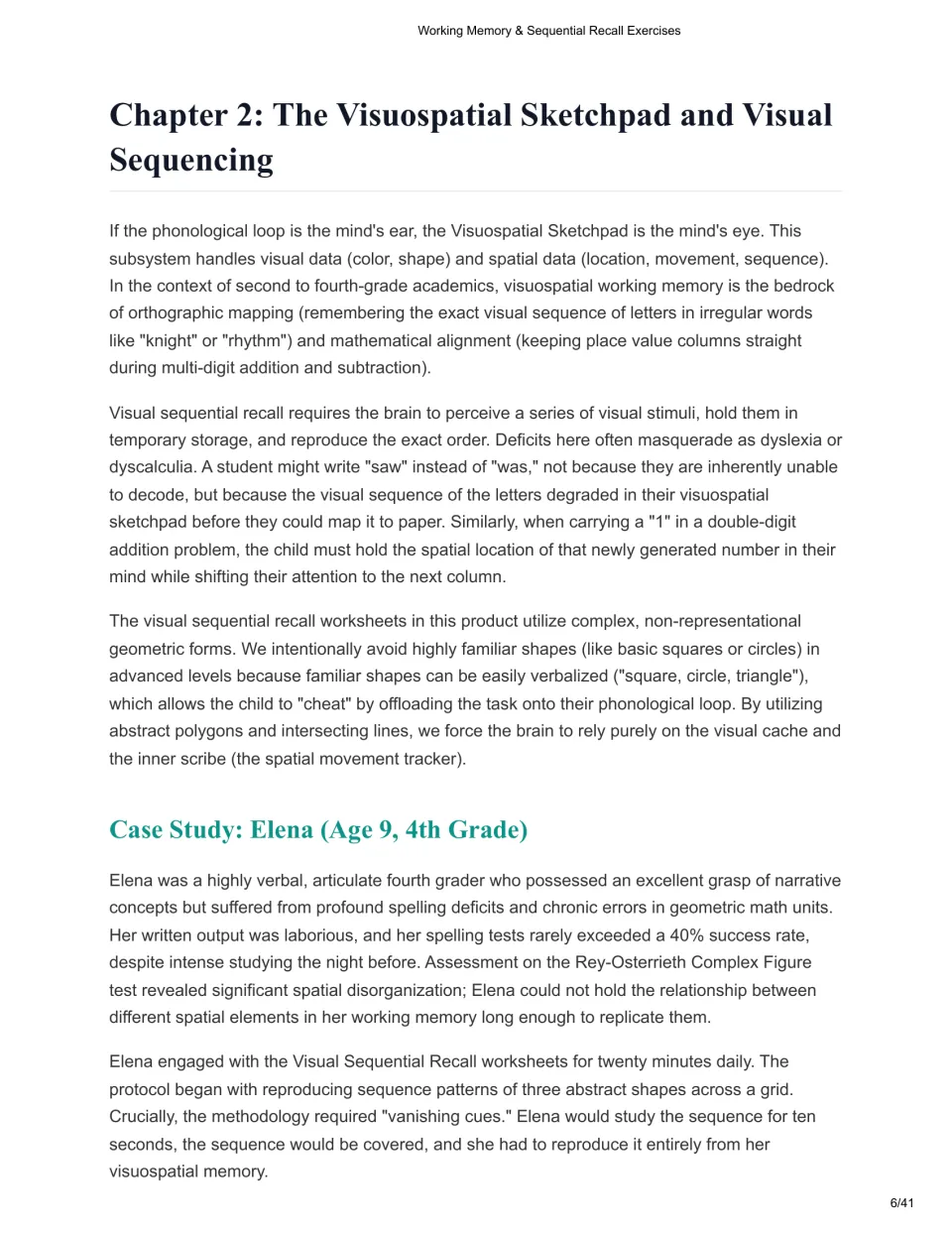 Chapter 2 explains the visuospatial sketchpad and visual sequencing, then introduces Elena's case study