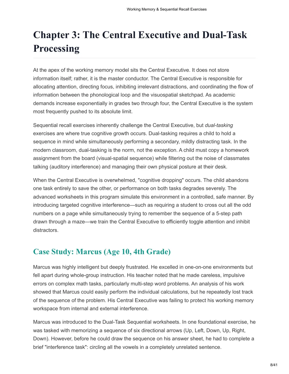 Chapter 3 explains the central executive and dual-task processing, then introduces Marcus's case study