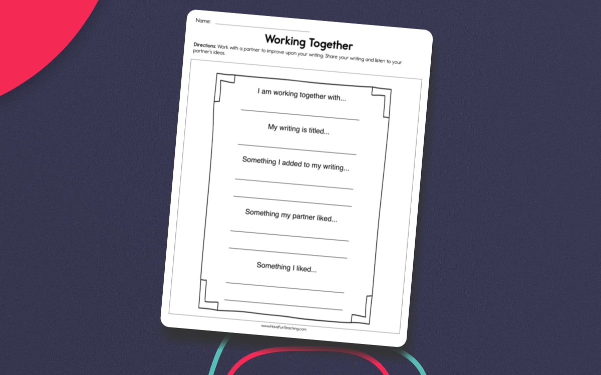 Working Together Worksheet preview: Writing-partner and composition-title fields