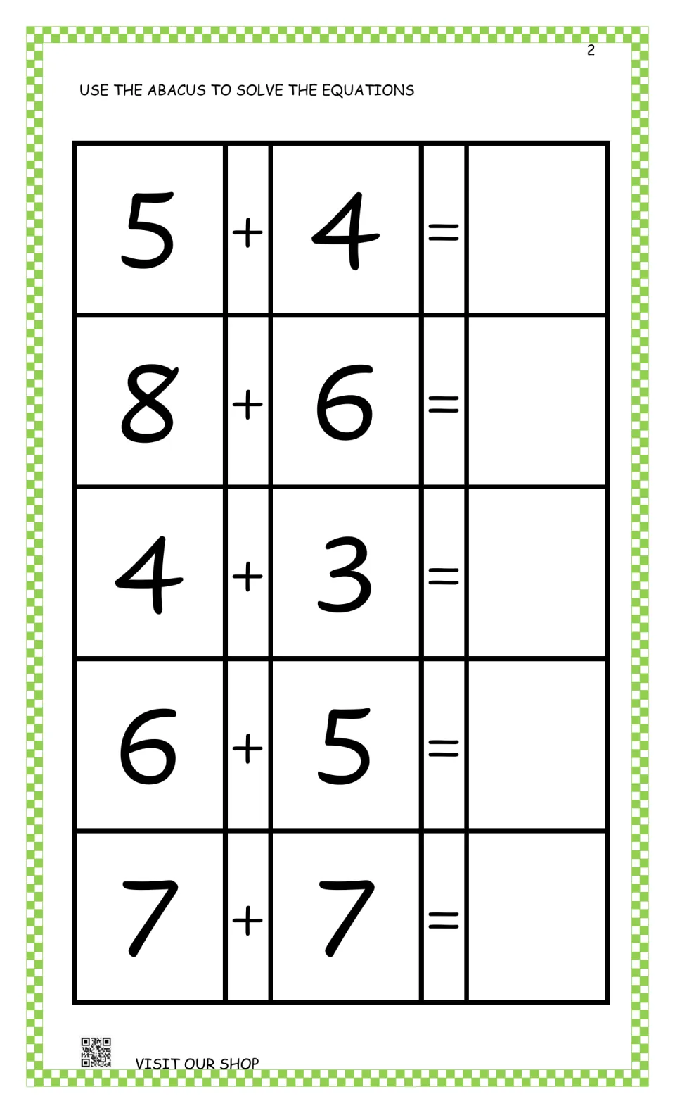 Abacus addition practice: solve 5 + 4, 8 + 6, 4 + 3, 6 + 5, and 7 + 7, then write the missing answers