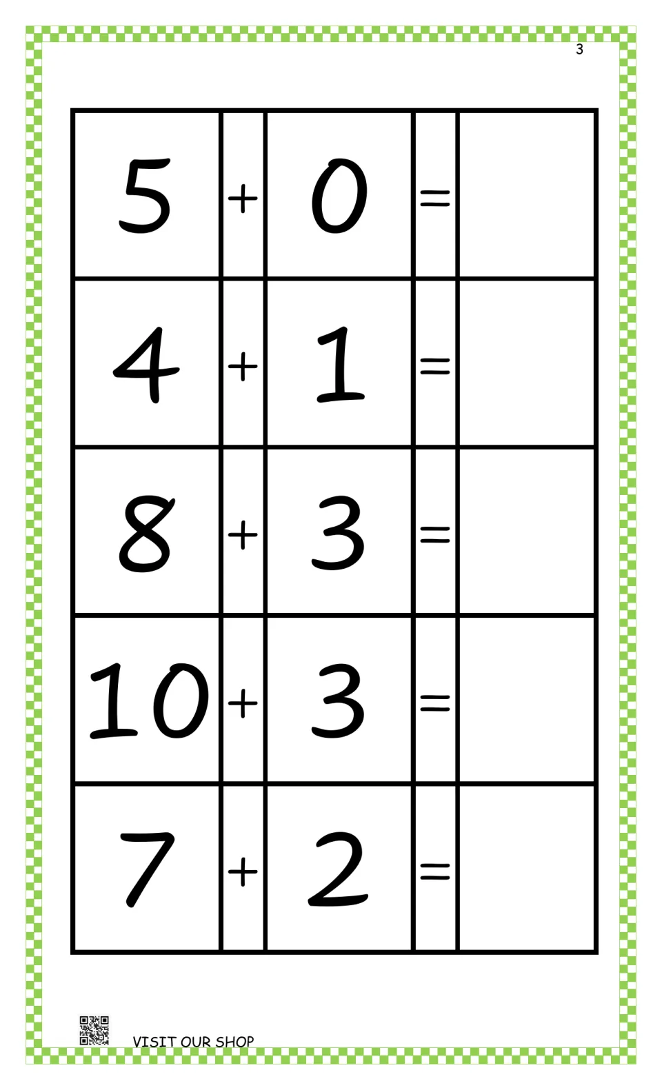Abacus addition practice: solve 5 + 0, 4 + 1, 8 + 3, 10 + 3, and 7 + 2, then write the missing answers