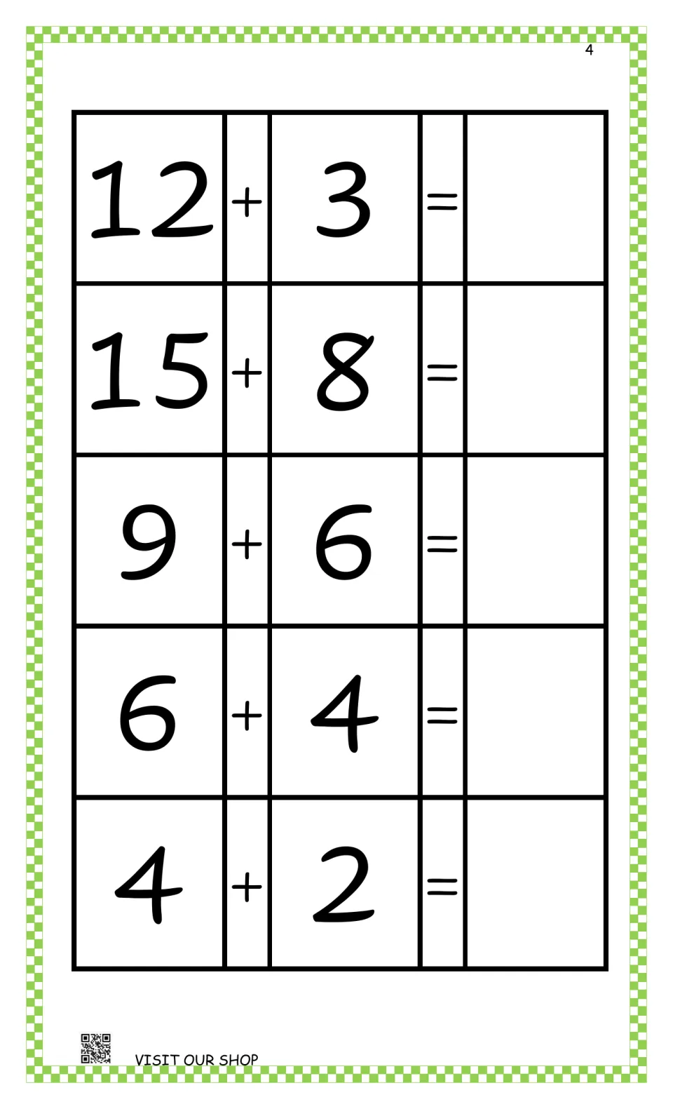 Abacus addition practice: solve 12 + 3, 15 + 8, 9 + 6, 6 + 4, and 4 + 2, then write the missing answers