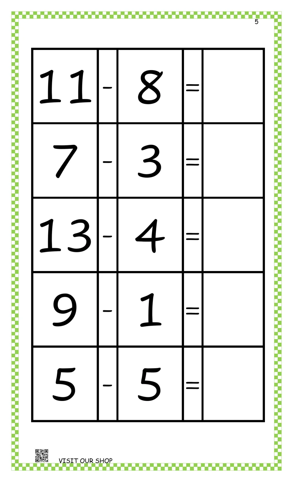 Abacus subtraction practice: solve 11 − 8, 7 − 3, 13 − 4, 9 − 1, and 5 − 5, then write the answers