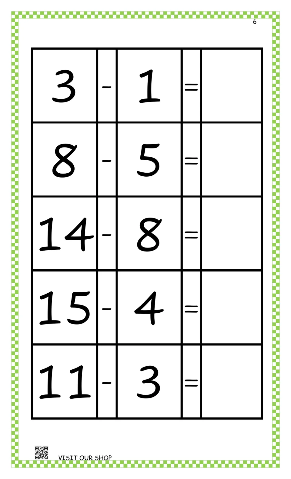 Abacus subtraction practice: solve 3 − 1, 8 − 5, 14 − 8, 15 − 4, and 11 − 3, then write the answers