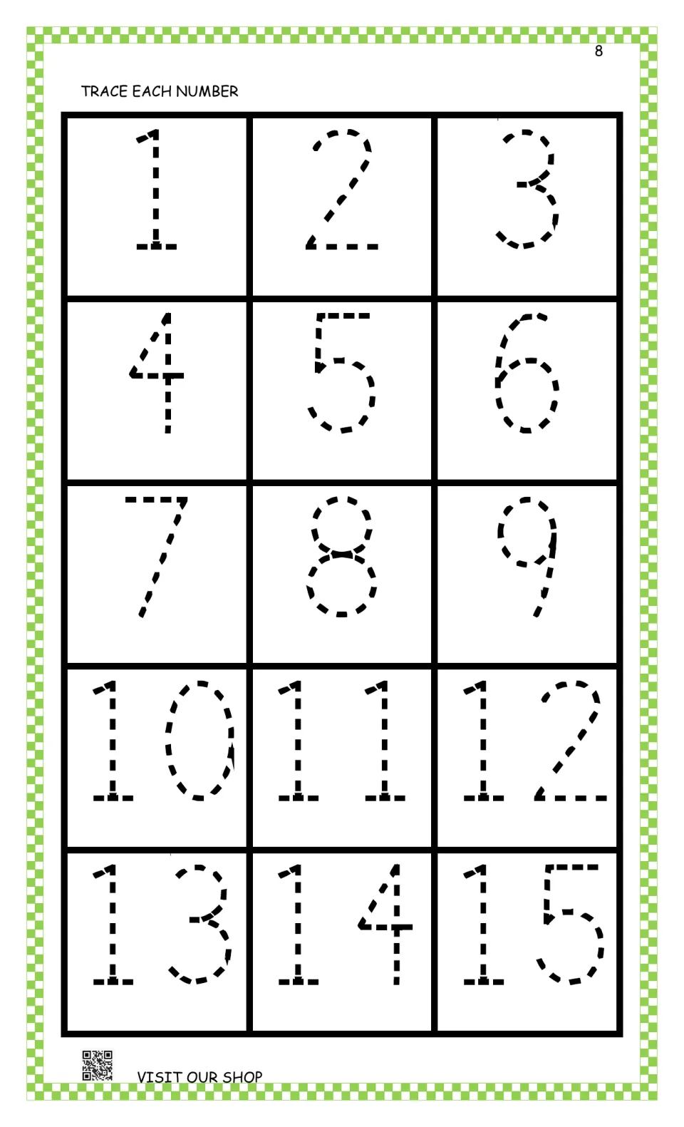 Number-tracing practice in the abacus workbook: trace numerals 1 through 15 using the dashed models