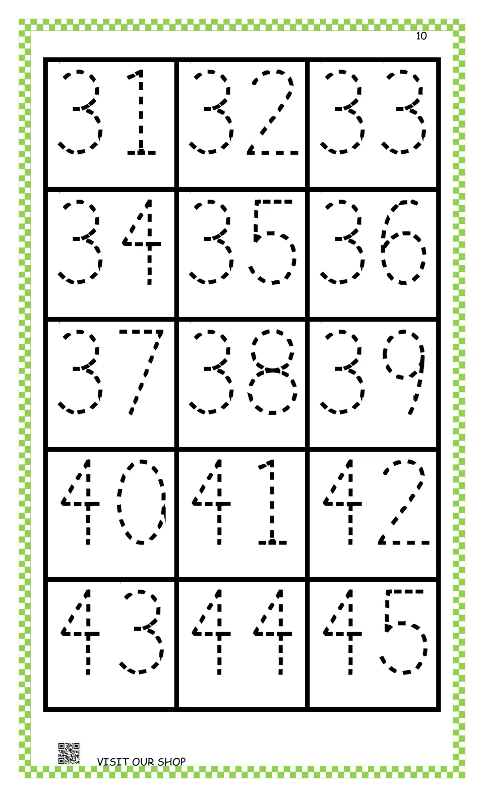 Number-tracing practice in the abacus workbook: trace numerals 31 through 45 using the dashed models