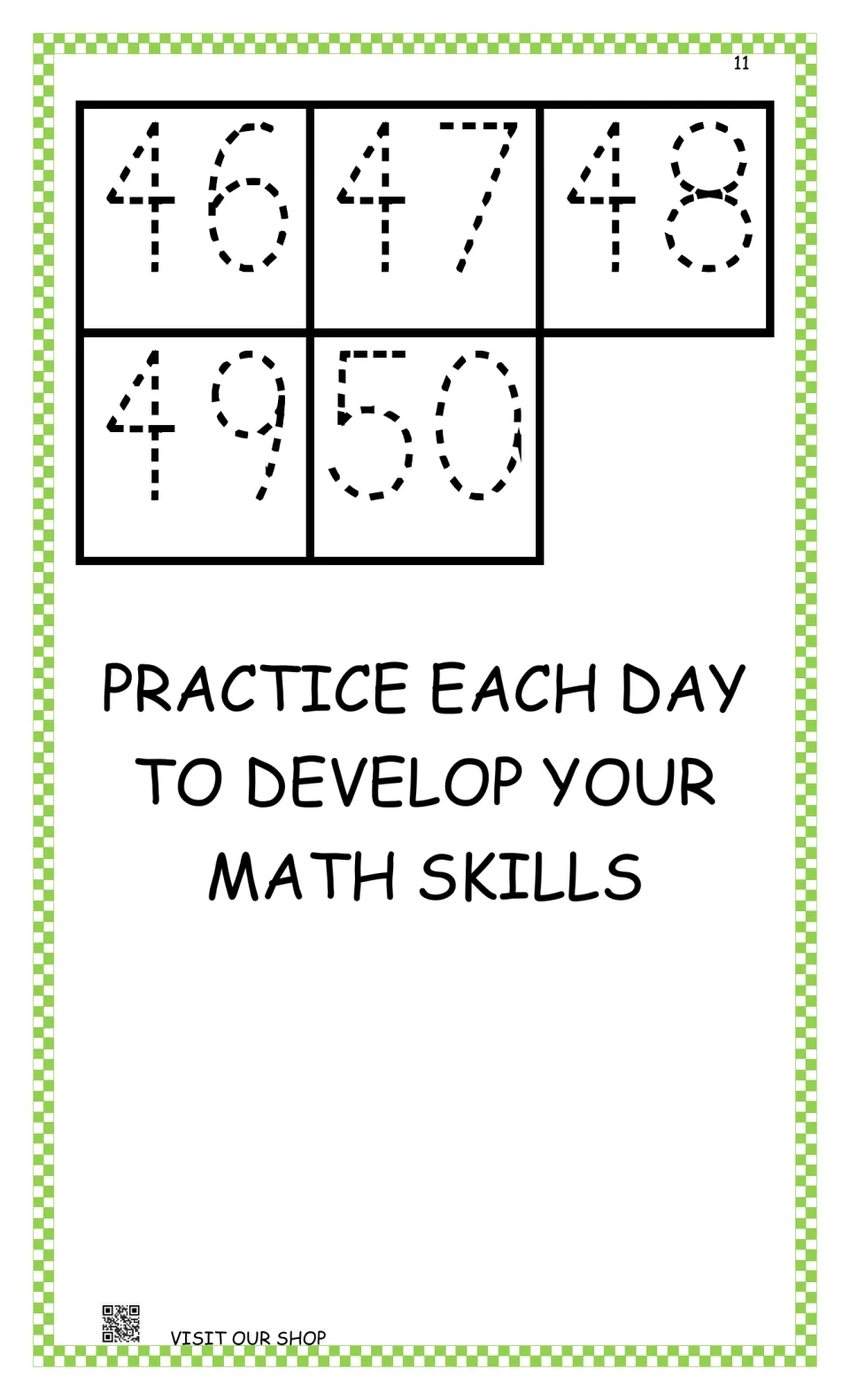 Abacus workbook tracing practice for 46–50, followed by 'Practice each day to develop your math skills'
