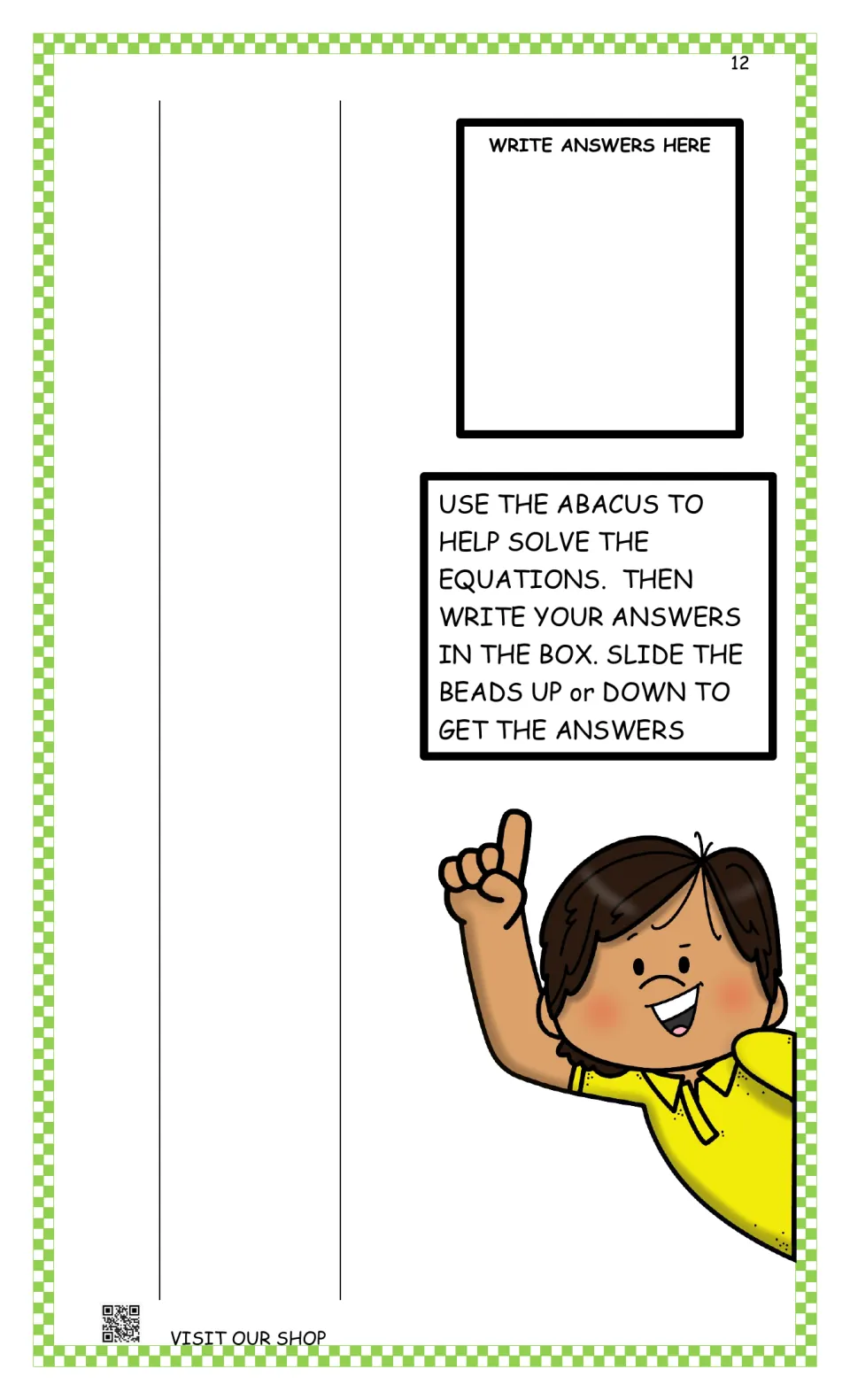 Abacus activity page: directions to slide beads up or down to solve equations, with space to write answers