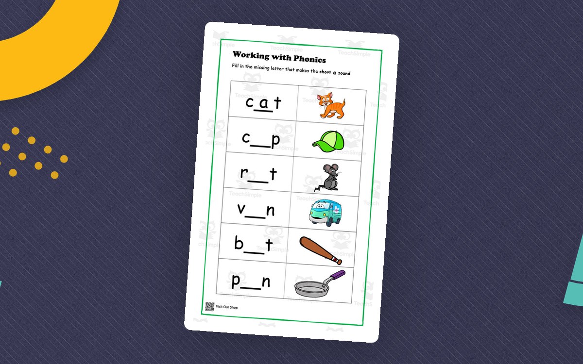 Working with Phonics worksheet showing picture words with missing vowels.