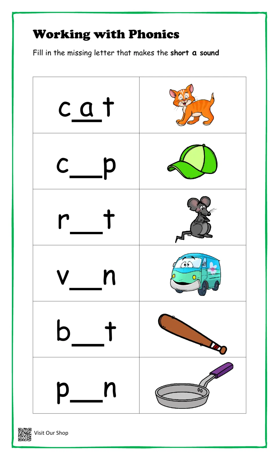 Short a sound: students write the missing vowel in cap, rat, van, bat and pan, with cat as a worked example