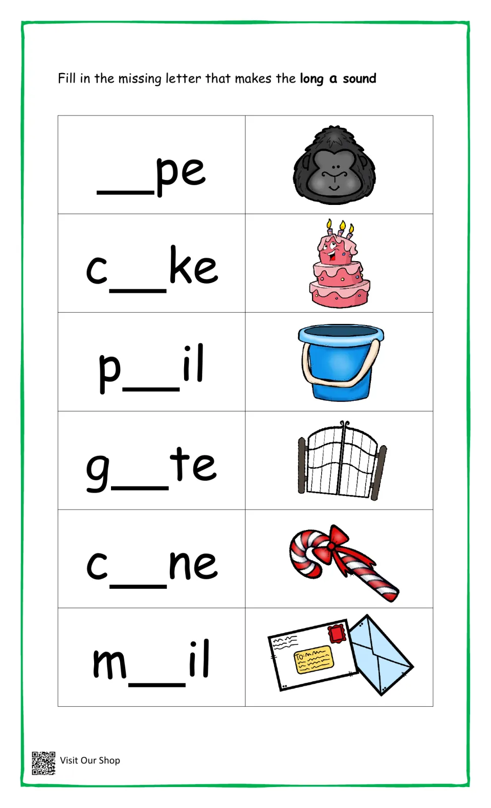 Long a sound: students fill in the missing letter for ape, cake, pail, gate, cane and mail using picture clues