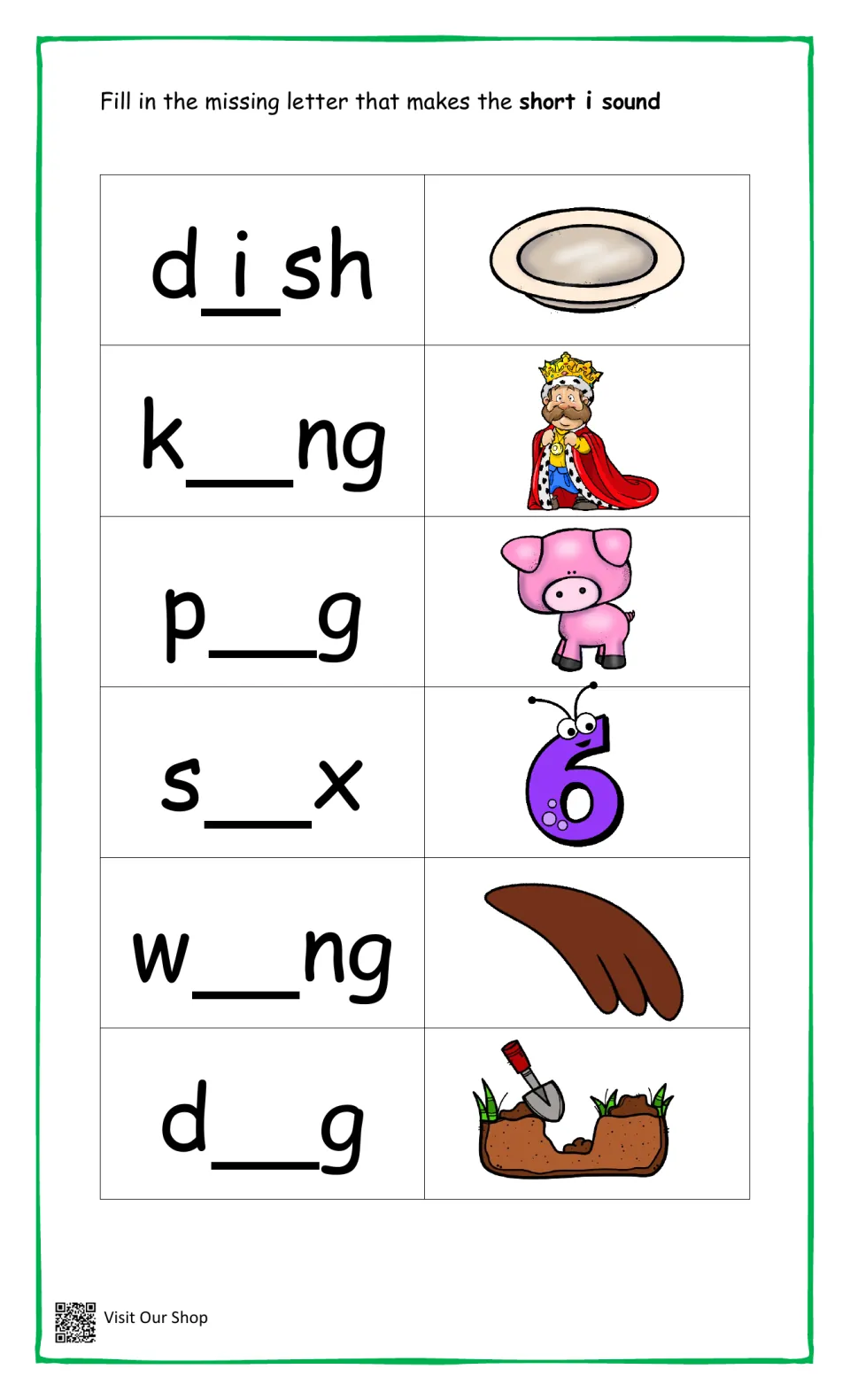 Short i sound: students add the vowel to king, pig, six, wing and dig, with dish shown as the model word