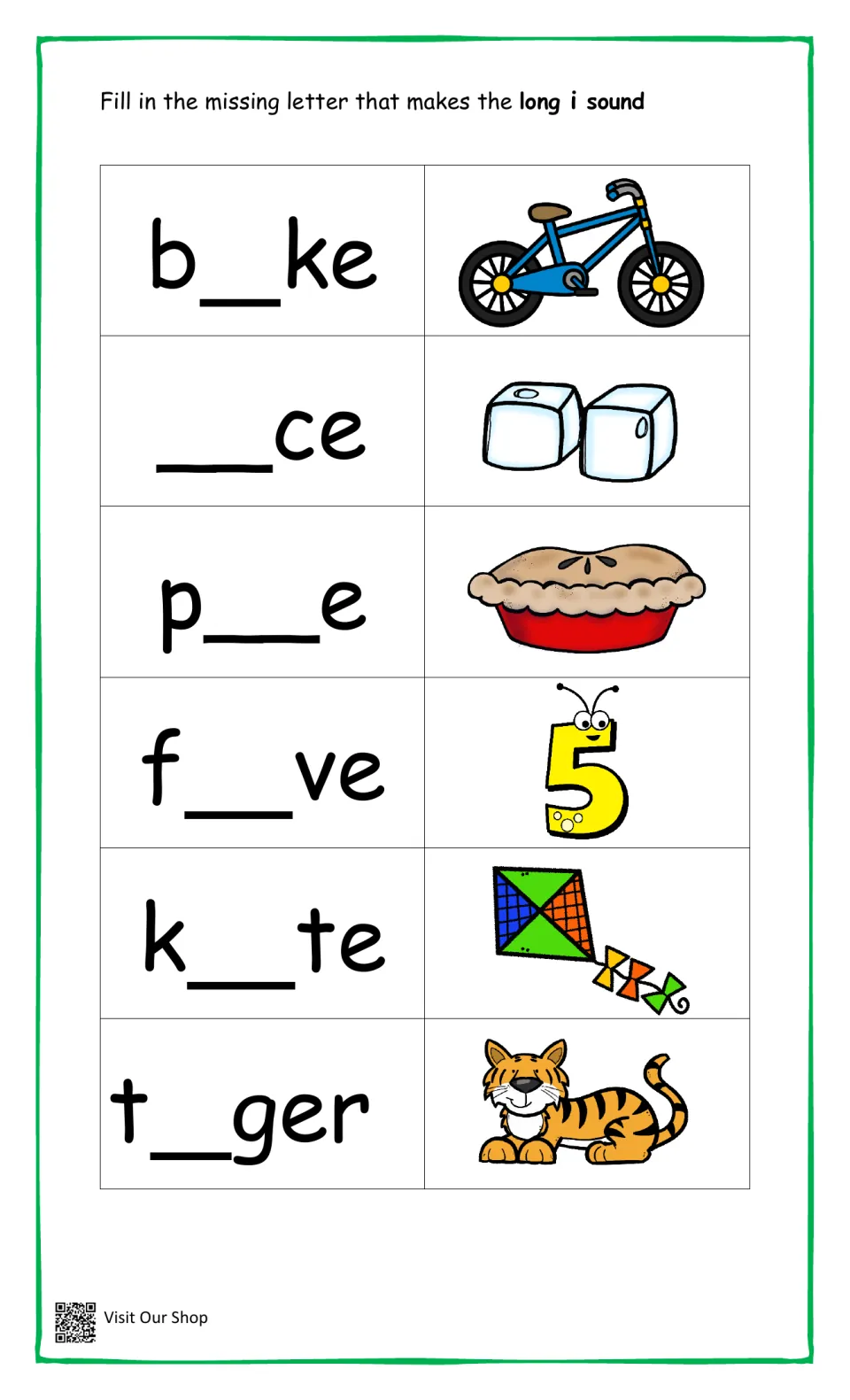Long i sound: students fill in the letter to spell bike, ice, pie, five, kite and tiger from picture clues