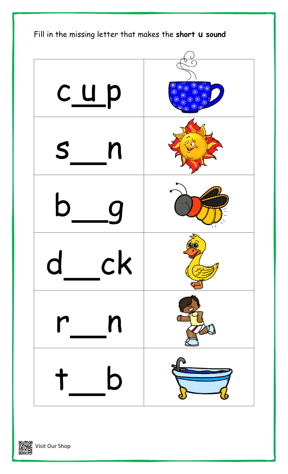 Short u sound: students add the missing vowel to sun, bug, duck, run and tub, with cup as the worked example
