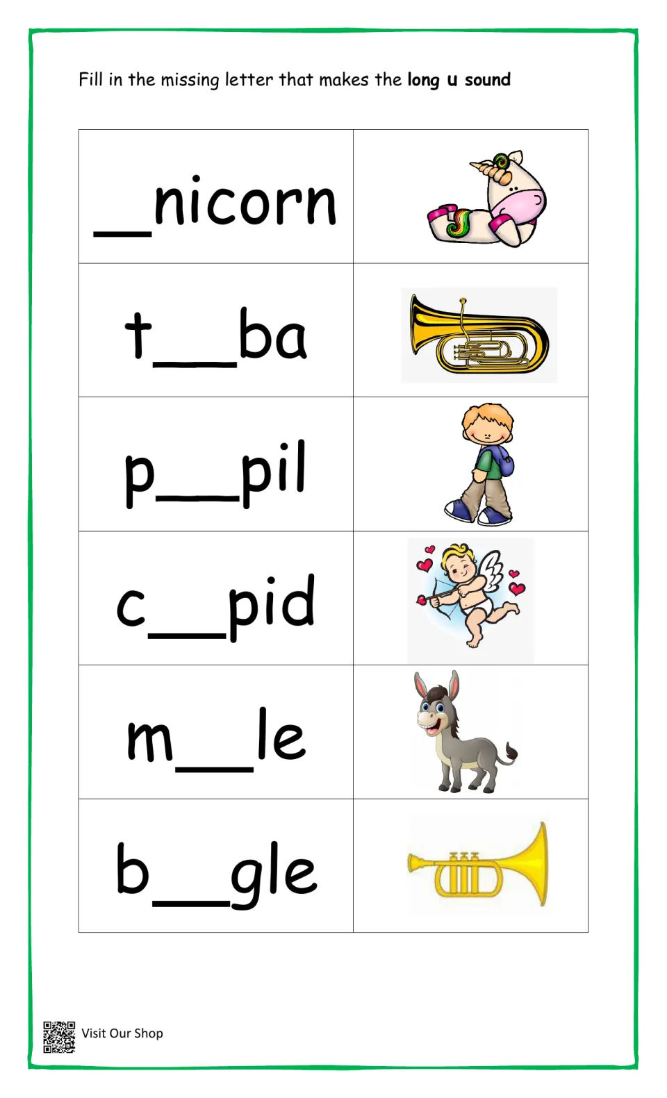 Long u sound: students fill the blank to spell unicorn, tuba, pupil, cupid, mule and bugle from each picture