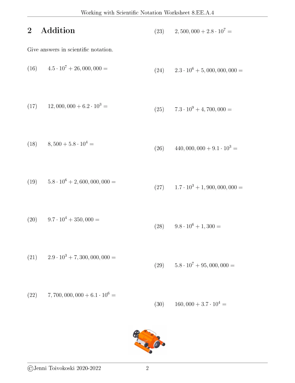 Addition exercises 16–30 require scientific notation answers, starting with 4.5 × 10⁷ + 26,000,000