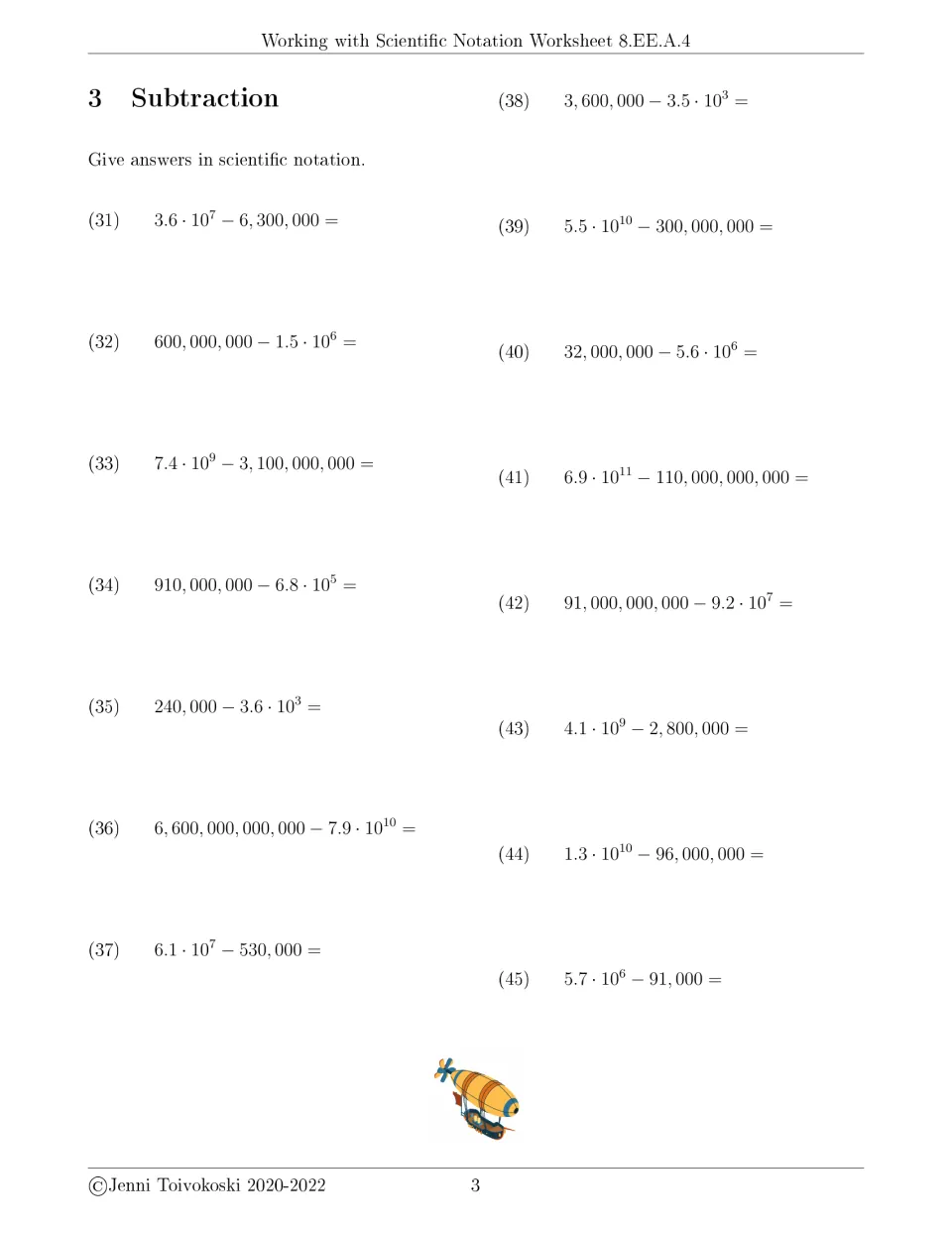 Subtraction exercises 31–45 require scientific notation answers, starting with 3.6 × 10⁷ − 6,300,000