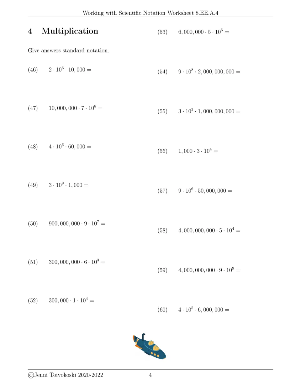 Multiplication exercises 46–60 require standard notation answers, starting with 2 × 10⁶ × 10,000