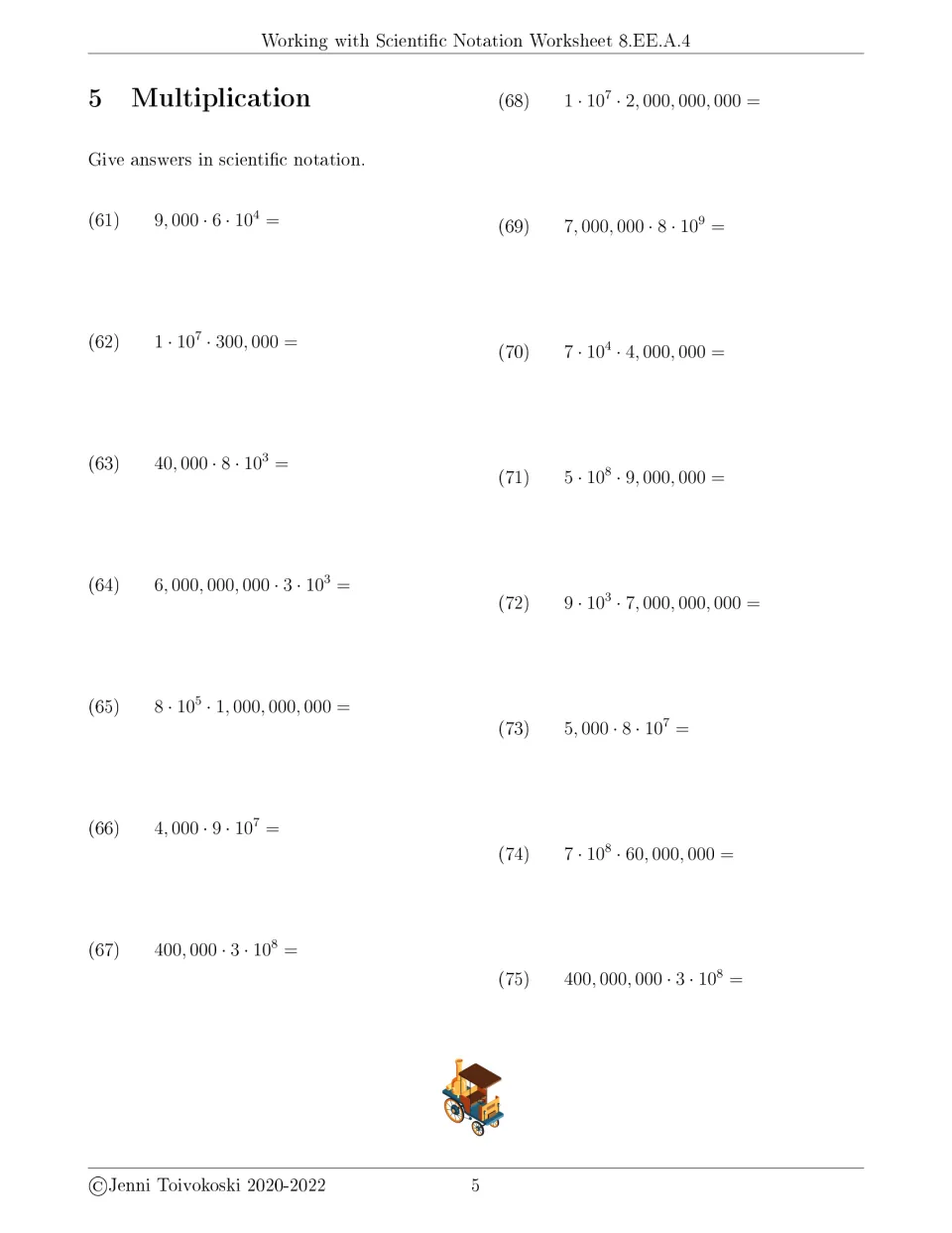 Multiplication exercises 61–75 require scientific notation answers, starting with 9,000 × 6 × 10⁴