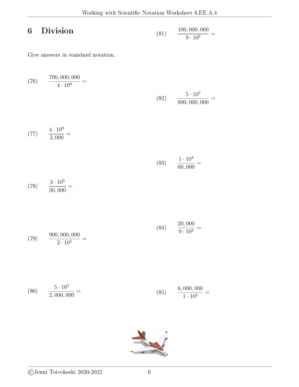 Division exercises 76–85 require standard notation answers, including 700,000,000 divided by 4 × 10⁹