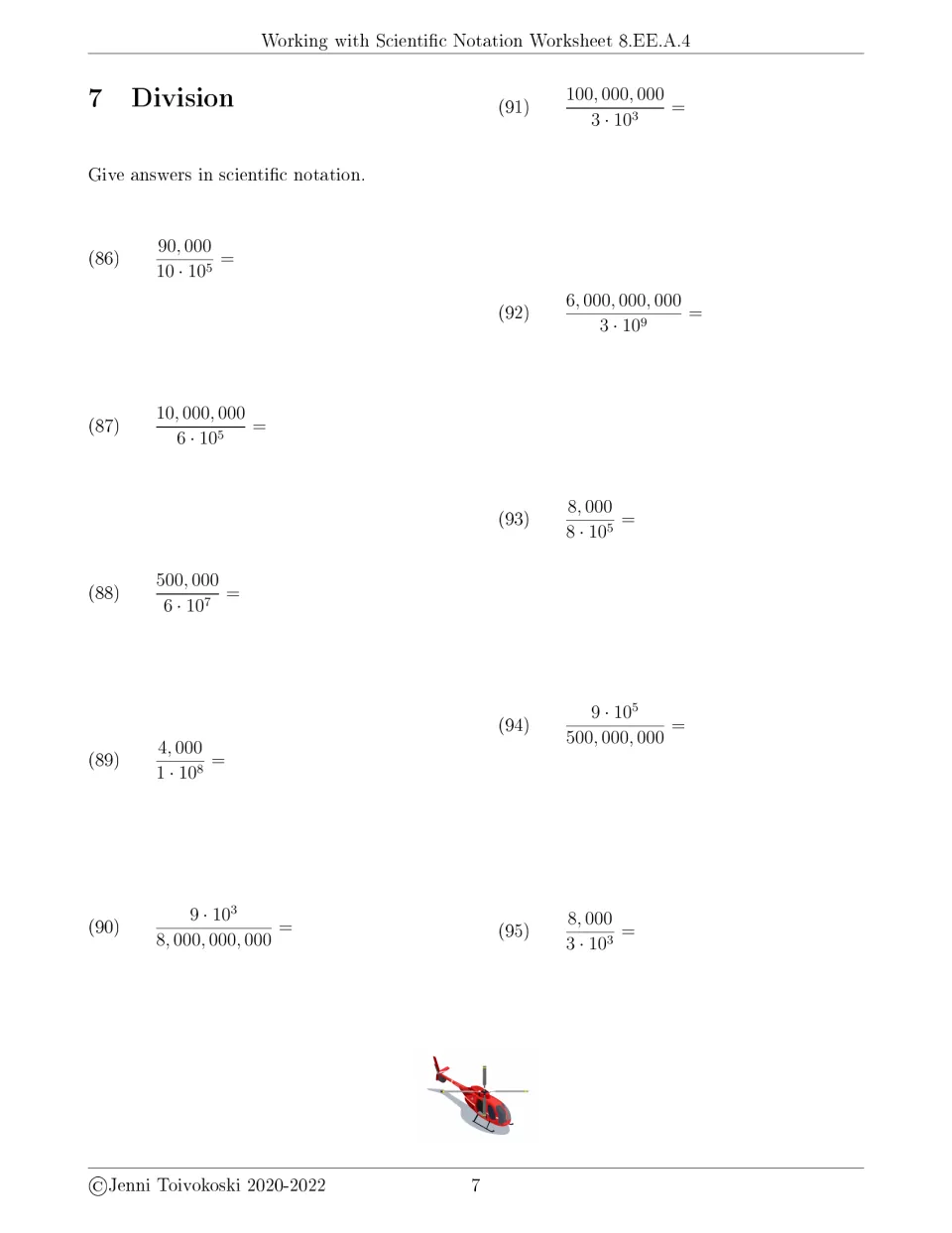 Division exercises 86–95 require scientific notation answers, including 90,000 divided by 10 × 10⁵